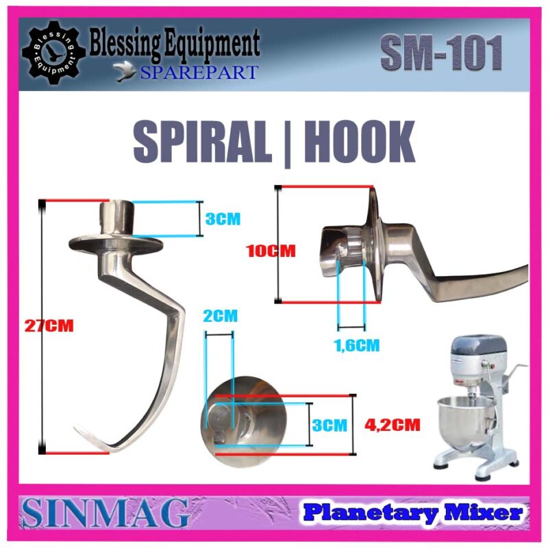 SM-101 SPAREPART PENGADUK SPIRAL | HOOK 10L Planetary Mixer SINMAG SM 101 HOOK SHAPE BEATER | PENGOCOK 10 LITER | PENGADUK BERBENTUK KAIL | KAIT MIXER SM101 SINMAG - Image 2