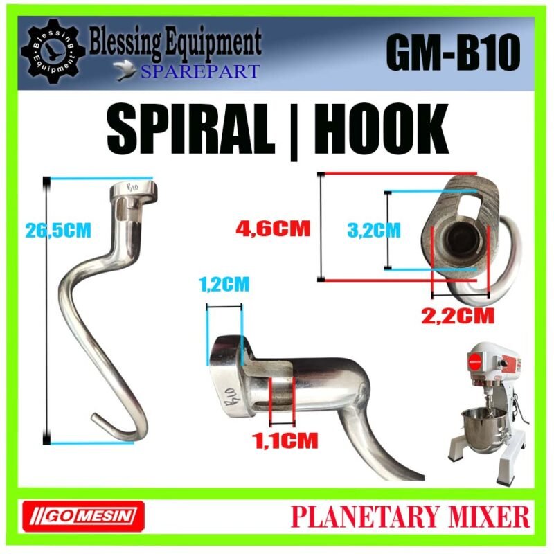 GM-B10 HOOK 10L | SPIRAL Planetary Mixer 10L GOMESIN GM B10 ALAT PENGADUK BERBENTUK KAIL | SPIRAL UNTUK MESIN PENGADUK ADONAN 10 LITER GMB10 GOMESIN - Image 2